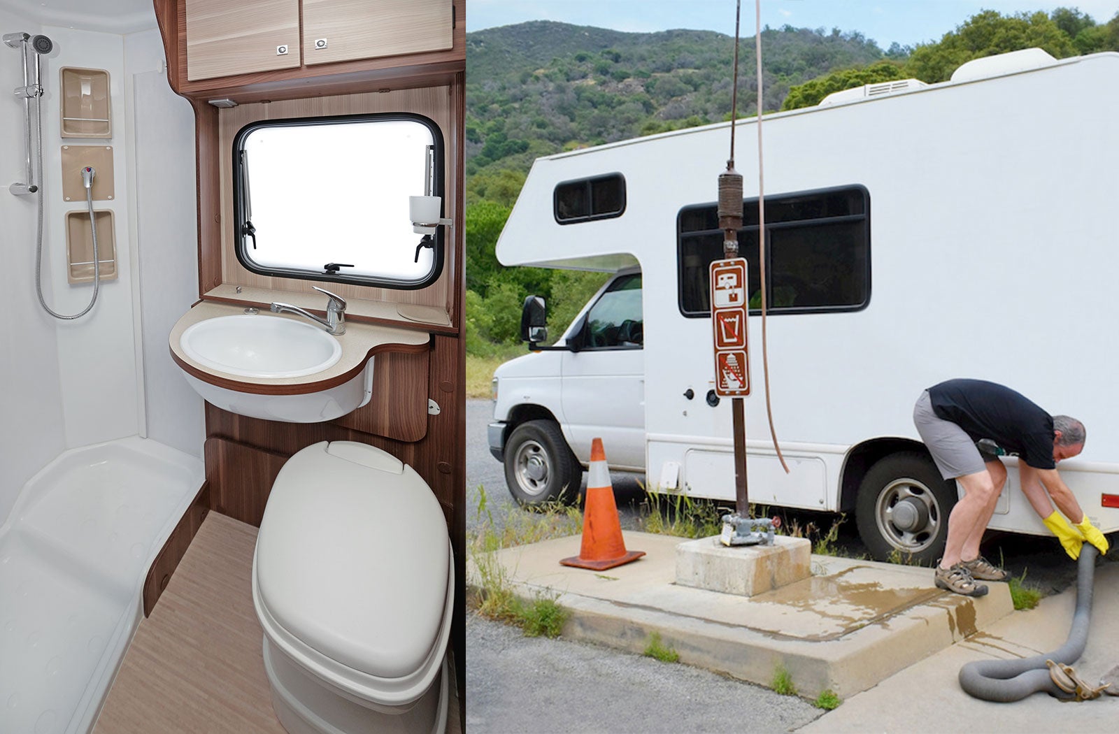 Portable RV/camper toilet and holding tank setup in Woodland, California
