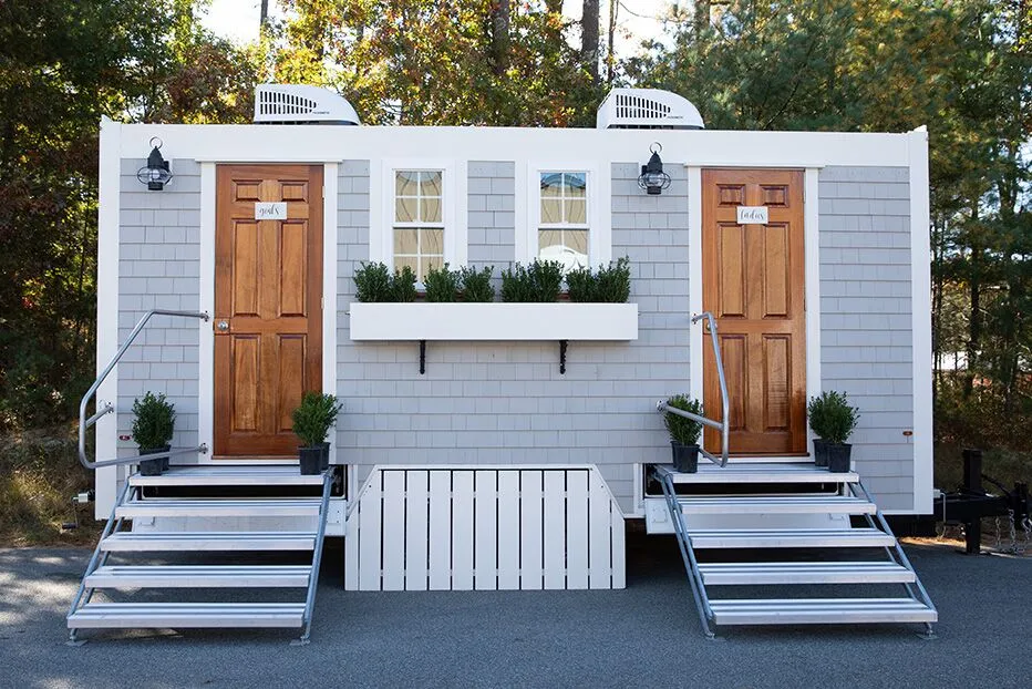 Wedding restroom units discretely staged at a venue in Woodland, California